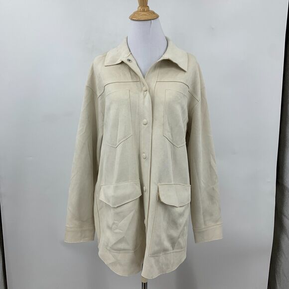 Zara Faux Suede Overshirt Womens XS Champagne Snap Button Pockets Jacket *READ - Picture 2 of 16